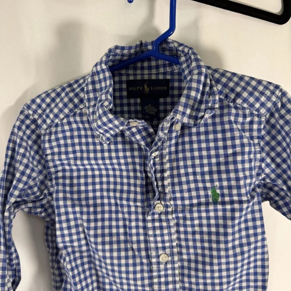 Ralph Lauren Dress Shirt Boys 4 Blue White Plaid Long Sleeve Collared Button Up
